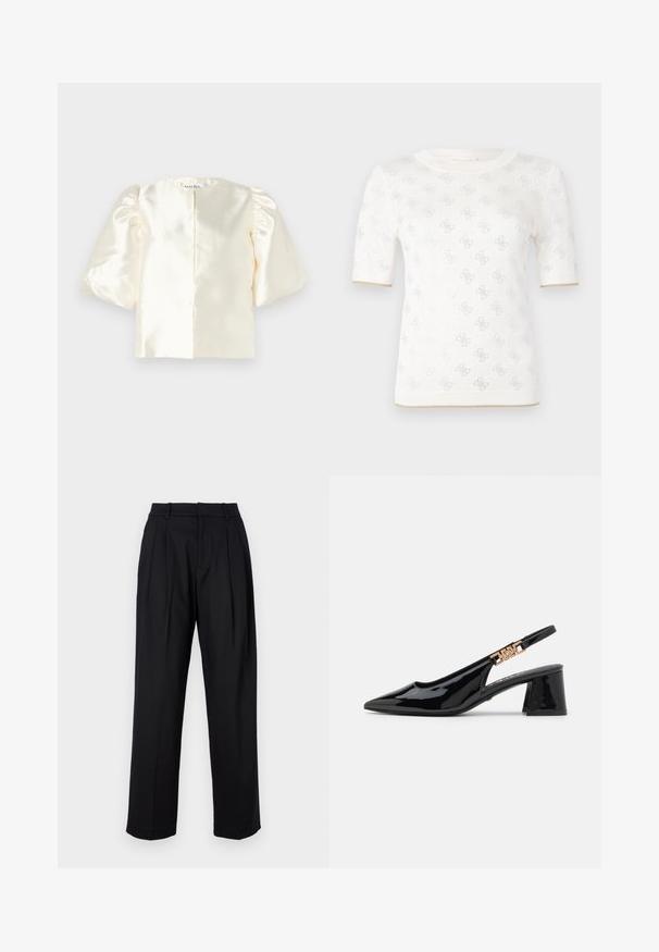 Blusa in satin avorio con maniche a sbuffo, dotata di scollatura rotonda e chiusura dritta sul retro. Texture liscia con design minimalista.; Top corto a maniche corte bianco lavorato a maglia con un motivo sottile, caratterizzato da un collo rotondo e un'accensione dorata all'orlo. La texture appare leggera e traspirante.; Pantaloni neri con design sartoriale, caratterizzati da vita alta, pieghe e gamba dritta. Realizzati in un tessuto liscio di un colore uniforme.; Décolleté in vernice nera con punta affusolata e dettagli in metallo dorato sulla cinghia, caratterizzate da un tacco a blocco. Texture liscia.