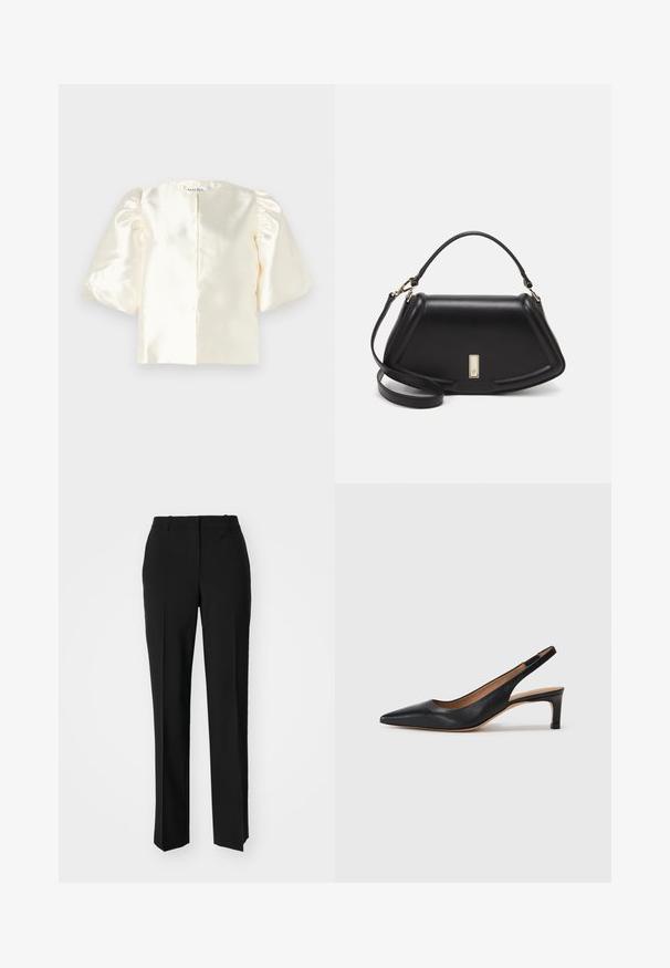 Elfenbensfarvet satinbluse med puffede ærmer, der har en rund halsudskæring og en lige ryglukning. Glat tekstur med et minimalistisk design.; Sorte skræddersyede bukser med lige ben-design, der har en glat tekstur og skarpe folder langs fronten. Ingen synlige hardware.; Sort læder slingback pumpe med spids tå, lav hæl og en glat overflade. Har en tynd justerbar rem for en sikker pasform.; Sort læderhåndtaske med en struktureret design, der har en kortet form, tophåndtag og guld hardware-accenter. Justerbar skulderrem inkluderet.