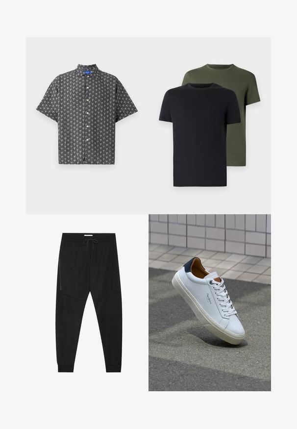 Kurzärmliges Button-Down-Hemd aus schwarzem Stoff mit einem weißen Blättermuster, spitzem Kragen und gleichmäßig angeordneten sandfarbenen Knöpfen an der Vorderseite.; Zwei Rundhals-T-Shirts in Schwarz und Olivgrün, aus weichem Baumwollstoff gefertigt. Das Design ist schlicht mit kurzen Ärmeln und geradem Schnitt.; Schwarze Sporthosen aus strukturiertem Stoff, mit verstellbarem Bund, seitlicher Reißverschlusstasche und schmal zulaufenden Bündchen.; Weiße Ledersneaker mit navyfarbenem Fersenbereich, runder Zehenpartie und kontrastierenden braunen Akzenten. Verfügt über flache Schnürsenkel und eine strukturierte Gummisohle.