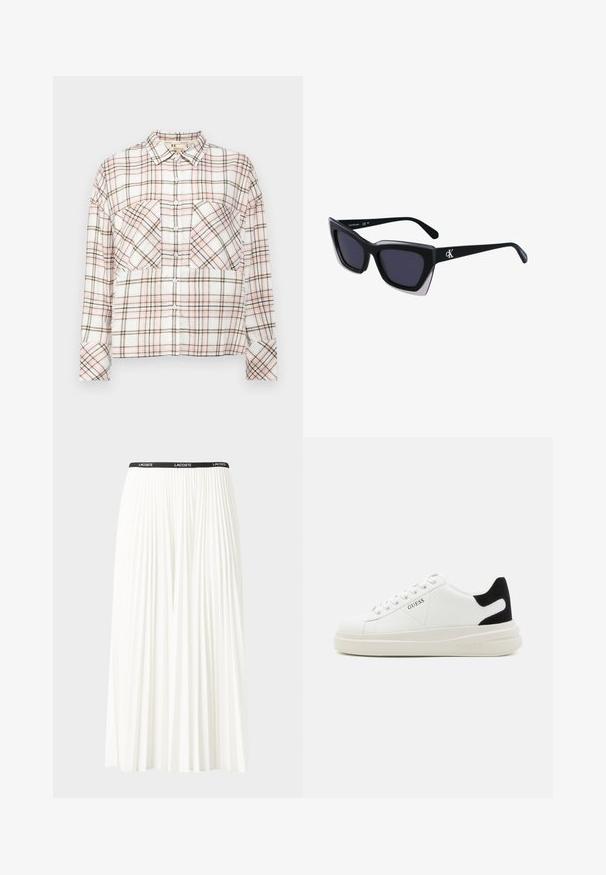 Plaid flannel shirt featuring a white, pink, and brown color scheme, two chest pockets, a button-down collar, and long sleeves.; Pleated white skirt with a black elastic waistband featuring the "LACOSTE" logo. Mid-length design with soft texture.; White leather sneakers with a thick white sole, black suede heel accent, and embossed logo on the side. Laced design with six eyelets.; Black oversized sunglasses with a geometric shape, featuring dark lenses and a contrasting grey detail on the frame. Logo on the arm.; Silver hoop earrings with a smooth, shiny surface, featuring a curved shape and post-back closure. Minimalist design with a modern finish.