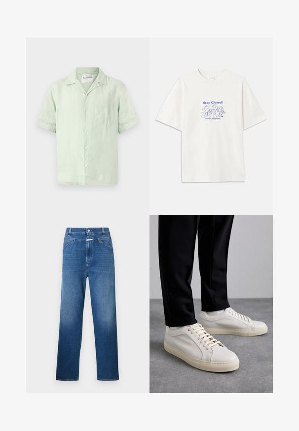 Πουκάμισο με κοντά μανίκια, σε ανοιχτό πράσινο χρώμα από λινό, με κουμπιά στην μπροστινή πλευρά, γιακά και μία τσέπη στο στήθος. Ήπια υφή και άνετη γραμμή.; CLOSED PRINTED - Μπλουζάκι με στάμπα - ivory; Μπλε τζιν παντελόνι με ίσια γραμμή, διαθέτει κουμπί κλεισίματος, θηλιές για ζώνη και διακριτική φθορά στους μηρούς.; Ανοιχτό χρώμα μπεζ δερμάτινα αθλητικά παπούτσια με επίπεδα κορδόνια, υφή στην επιφάνεια, και αντίθετη λευκή καουτσούκ σόλα, συνδυασμένα με μαύρα στενά παντελόνια.