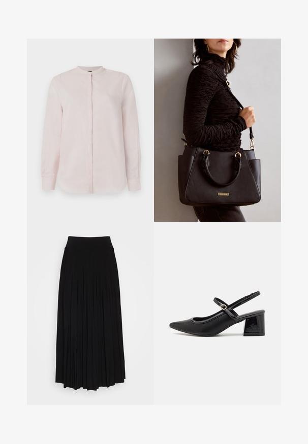 Kerge roosa pika varrukaga särk mandariini krae, nööbivaba sulgemise ja siledast tekstuurist. Ei ole nähtavaid mustreid ega disainilahendusi.; Must mustriga seelik kõrge ja veniva vöökohaga. Valmistatud pehmest kangast, millel on vertikaalsed volangid voolava silueti saavutamiseks.; Mustad läikivad nahast slingback-kõrged kontsad, millel on terav nina, ümar lõikekujundus ja blokknina. Omab kuldset nupu aktsenti.; Musthave must kott, millel on tekstuurne pind, kaks ülemist käepidet ja reguleeritav õlarihm. Omab kuldse tooni riistu ja külgtaskuid.