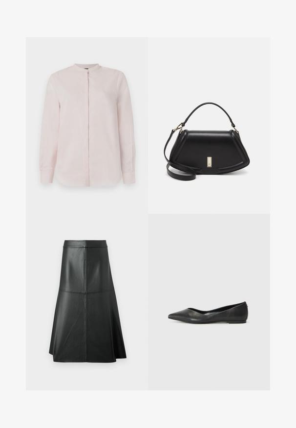 Lys rosa langærmet skjorte med ståkrave, knaplukning foran og glat tekstur. Ingen synlige mønstre eller design.; Sort læder A-linje nederdel, glat tekstur, midt på læggen, med vandret syninger ved taljen og sømmene for ekstra struktur.; Sorte læder balletlejersko med spids tå, lav hæl og glat overflade. Minimalistisk design med en diskret sideaccent.; Sort læderhåndtaske med en struktureret design, der har en kortet form, tophåndtag og guld hardware-accenter. Justerbar skulderrem inkluderet.