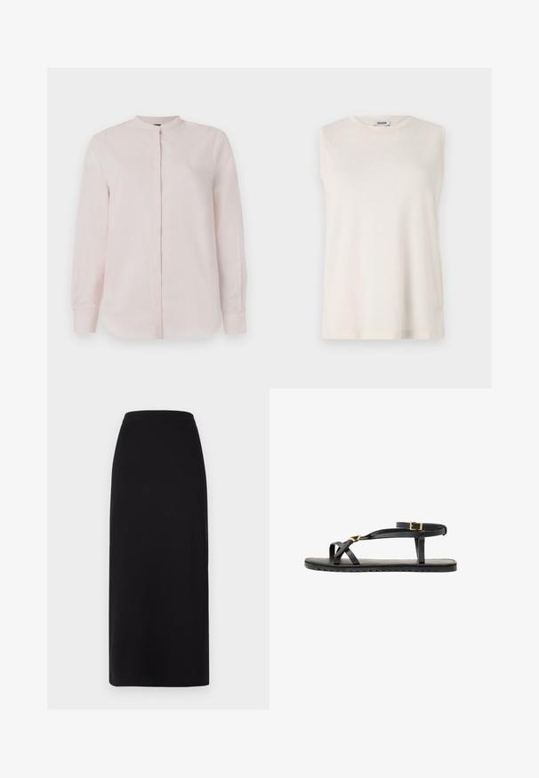 Helles rosa Langarmhemd mit Stehkragen, Druckknopfverschluss und glatter Textur. Keine sichtbaren Muster oder Designs.; Ärmelloses Oberteil aus leicht beigem Stoff, mit rundem Ausschnitt und entspannter Passform. Glatte Textur ohne Verzierungen oder Muster.; Schwarzer, knöchellanger Rock mit einem taillierten Bund. Hergestellt aus weichem, elastischem Stoff, mit glatter Textur und ohne sichtbare Verzierung.; Schwarze Ledersandalen mit dünnen Riemen und einem geschnallten Knöchelriemen. Flache Sohle mit texturiertem Finish und Zickzackkante. Minimalistisches Design.