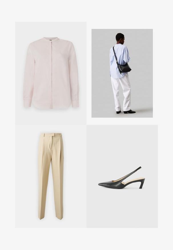 Világos rózsaszín, hosszú ujjas ing mandarin gallérral, gombos elülső záródással és sima textúrával. Nincsenek látható minták vagy dizájnok.; Beige szabott nadrág egyenes szabással, pliszékkel, derekújjjal és sima felülettel. Nincsenek látható zsebek vagy díszítések.; Fekete, hegyes orrú, slingback cipő alacsony sarkával, sima bőrből készült, oldalt kivágott deisgnal a légáteresztőképesség érdekében.; Fekete bőr válltáska puha tapintással, háromszög alakú, állítható pánttal, világoskék csíkos inggel és fehér nadrággal párosítva.