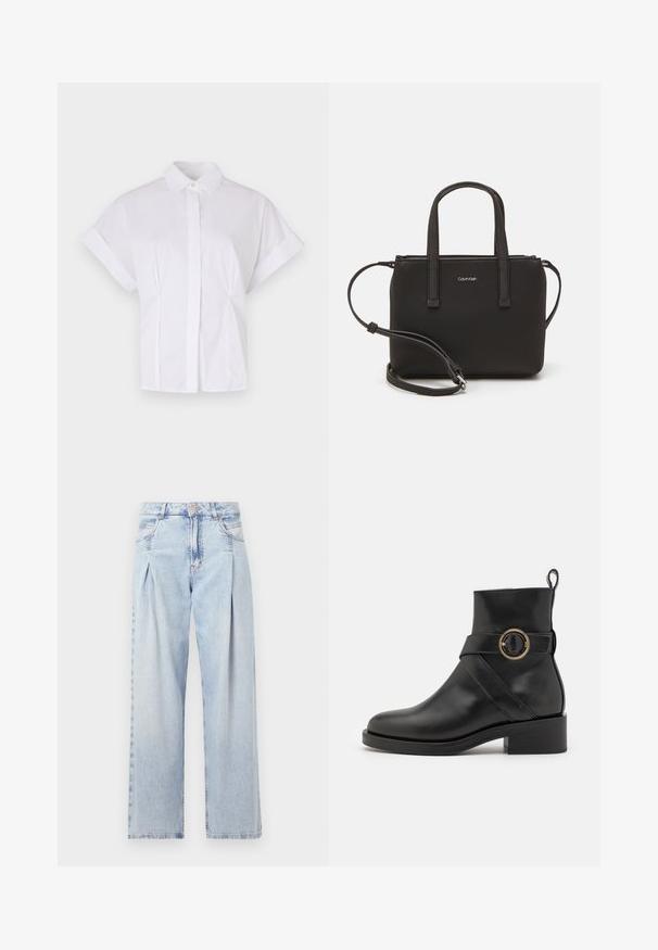 Weißes Kurzarmhemd aus Baumwolle mit einem Button-Down-Kragen, Frontleiste und dezenten Seitenfalten für eine lockere Passform.; Helle blaue Denim-Jeans mit hoher Taille, weitem Beinschnitt, zwei seitlichen Taschen und gefaltetem Design. Weiche Textur mit einem ausgebleichten Finish.; BOSS IRYNA BOOTIE - Plateaustiefelette - black; Schwarze Handtasche mit zwei kurzen, doppelt geflochtenen Griffen und einem abnehmbaren Schulterriemen. Glattes, lederähnliches Material mit einem Reißverschluss und Logodetail.