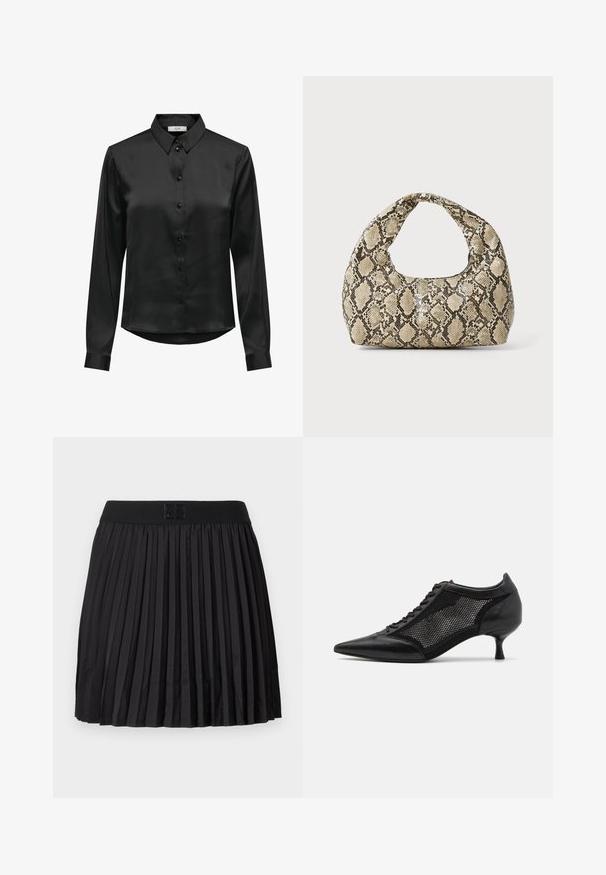 Black satin long-sleeve shirt with a button-down front, a classic collar, and a curved hem. Features subtle sheen and fitted sleeves.; Black pleated skirt with a smooth texture, featuring a solid black waistband and an embossed logo detail at the front.; Black pointed-toe shoe with a mesh panel design, featuring a low heel and lace-up front. Made from a combination of leather and mesh material.; Snake-print handbag with a curved handle. Made from textured, beige and brown materials, featuring a distinctive diamond pattern.