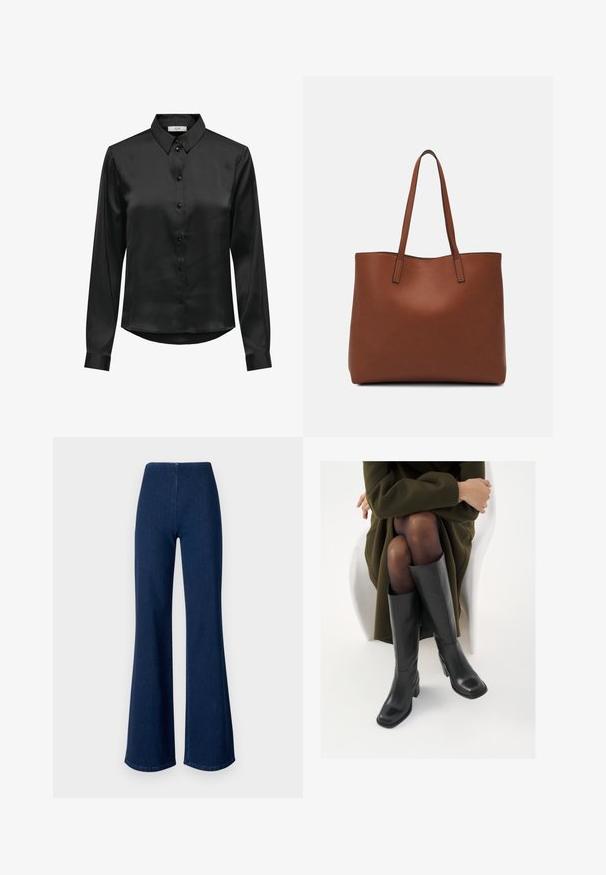 Musta satiini pitkähihaine paita nappisuljenta edessä, klassinen kaulus ja kaareva helma. Sisältää hienovaraisen kiillon ja istuvat hihat.; Tummansiniset levenevät farkut, joissa on joustava vyötärö. Neulominen on sileä ja lahkeiden muoto on leveä, ulottuen helmaan saakka.; Polvisuoja mustat nahastossud, millel on ruudukujuline varvas ja plokk-kints, on esitatud mudeli seljas, kes istub oliivrohelises mantlis. Sile tekstuur, minimaalne detailitus.; Ruskea nahkainen olkalaukku, jossa on sileä pinta, avoin yläosa ja kaksi olkahihnaa. Omaavat vain minimaalisen ompelun eikä näkyvää metalliosaa.