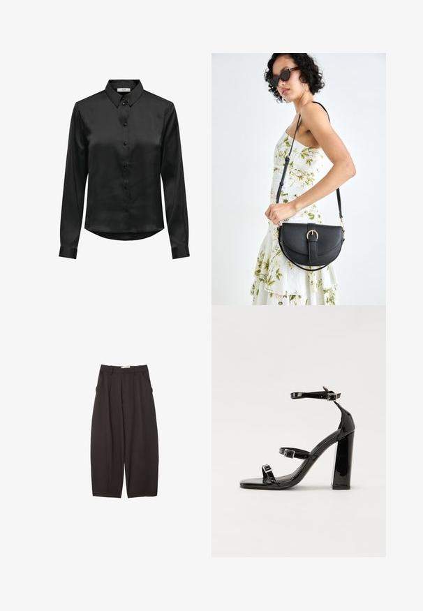 Černá saténová košile s dlouhými rukávy, zapínáním na knoflíky vpředu, klasickým límcem a oblým lemem. Má jemný lesk a přiléhavé rukávy.; Černé široké kalhoty vyrobené z hladkého materiálu, s vysokým pasem, předními sklady a bočními kapsami. Jednoduchý design bez ozdob.; Černé lakované sandály na podpatku se čtveratou špičkou, lýtkovými pásky a stříbrnými přezkami. Disponují masivním blokovým podpatkem pro stabilitu.; Černá kožená kabelka s křivkovým tvarem, odnímatelným popruhem a zlatými detaily. Kabelka má klopu s přezkou.