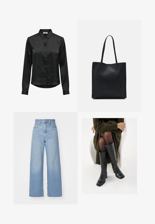 Melna satīna krekls ar garām piedurknēm, pogām priekšpusē, klasisku apkakli un izliektu apakšmalu. Iezīmējas ar maigu spīdumu un pieguļošiem piedurkņu. ; Gaiši zili augstās jostas vidukļa platās bikses ar priekšējo pogu un rāvējslēdzēju, priekšējām un aizmugurējām kabatām uz baltā fona.; Ceļgalu augstuma melni ādas zābaki ar kvadrātu purngalu un bloku papēdi, attēloti modelī, kurš sēž olīvu zaļā mētelī. Gluda tekstūra, minimāla apdare.; Melnas ādas somiņa ar gludu tekstūru, taisnstūra formu un divām garām rokturiem. Nav redzamu aparatūras vai rotājumu.