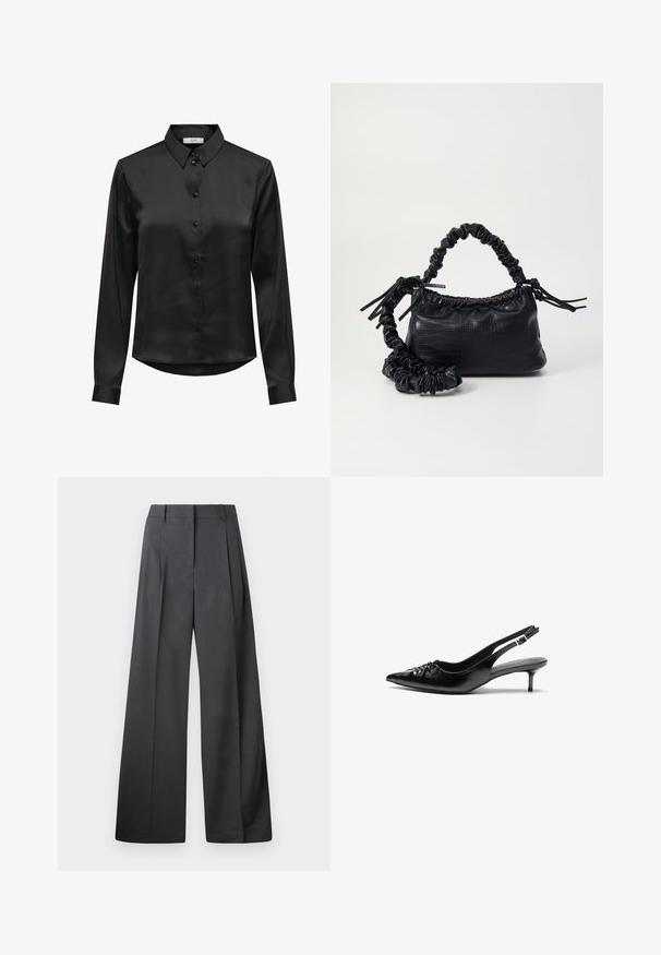 Sort satin langærmet skjorte med knaplukning fortil, en klassisk krave og en buet kant. Har en subtil glans og tætsiddende ærmer.; Bredde benbukser i mørkegrå stof, med høj talje, enkelte læg og en glat tekstur med en ren finish ved kanten.; Sorte læder slingback-pumps med spids tå, lav kitten-hæl og rynket detalje på overdelen. Glat tekstur og minimalistisk design.; Sort kunstlæder håndtaske med krokodilteksur, indsnøret top og en sammenkrøben rem. Ser blød og kompakt ud i designet.