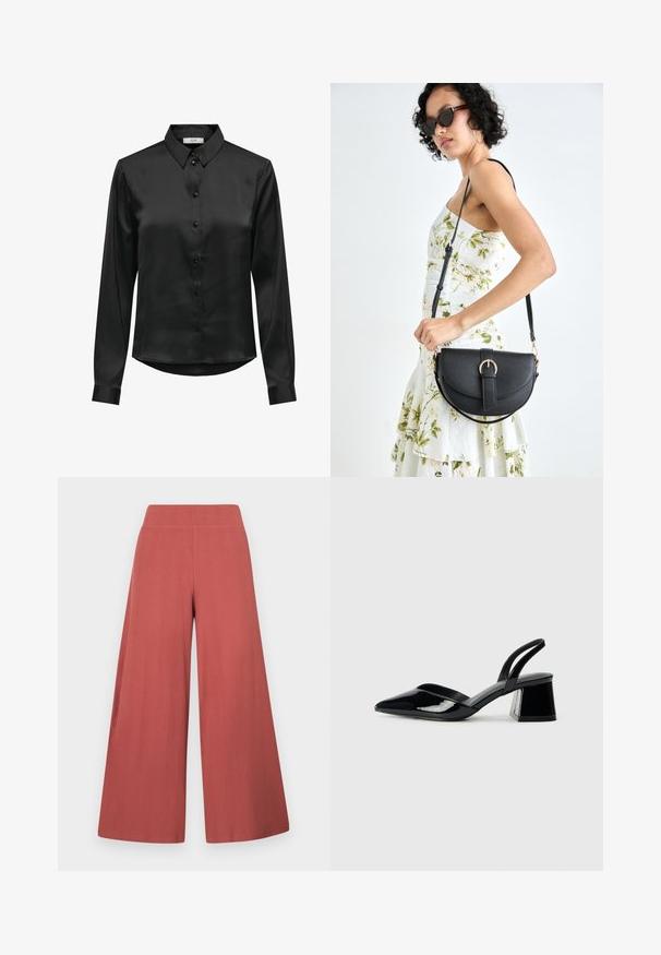 Black satin long-sleeve shirt with a button-down front, a classic collar, and a curved hem. Features subtle sheen and fitted sleeves.; Wide-leg trousers in a rust color, made from textured fabric with vertical ribbing. Features a high, elastic waistband.; Black patent leather slingback heels with a pointed toe and a geometric block heel. Features a sleek, minimal design and smooth texture.; Black leather handbag with a curved shape, detachable strap, and gold hardware. The bag features a flap with a buckle detail.