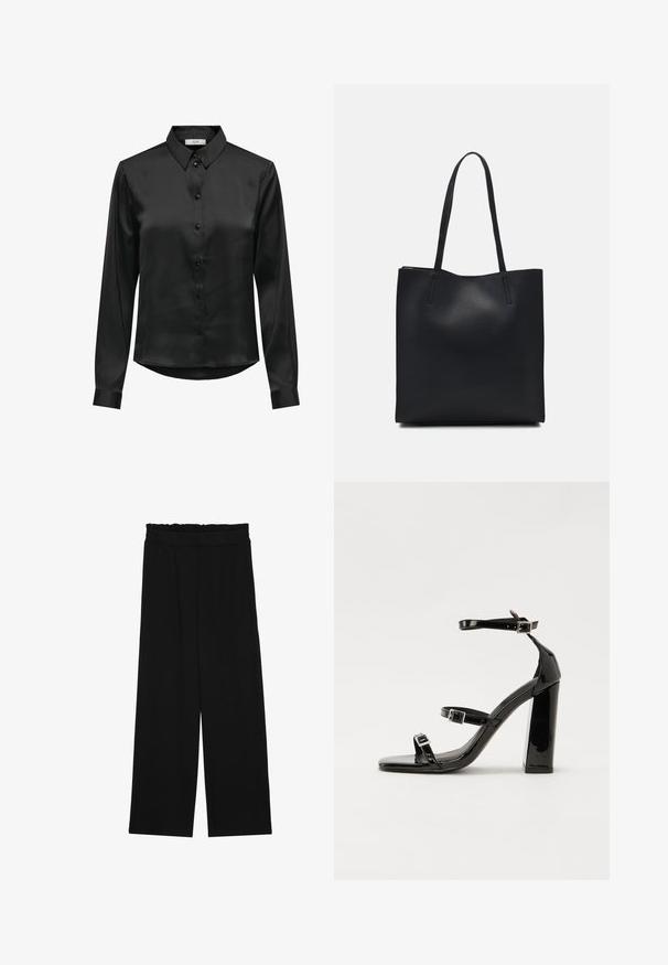 Svart sateng skjorte med lange ermer, knappestolpe foran, klassisk krage og buet kant. Har en subtil glans og tettsittende ermer.; Svarte vide bukser med rynket liv, med to sidelommer og et glatt, lett stoff. Ingen synlige mønstre eller metalldeler.; Svart høyglans sandaler med hæl, firkantet tå, ankelremmer og sølvspenner. Har en kraftig blokkhæl for stabilitet.; Svart lær tote bag med glatt tekstur, rektangulær form og to lange håndtak. Ingen synlige deler eller dekorasjoner.