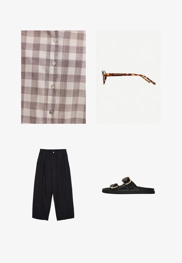 Košeľa na gombíky v béžovej a hnedej kárované vzor, má jemnú textúru látky, päť gombíkov na prednej strane a klasický golier.; Čierne polyesterové culotte nohavice s elastickým pásom, dvoma prednými záhybmi a voľným strihom. Žiadne viditeľné vzory ani detaily z kovu.; Čierne šľapky s dvoma zlatými prackami, hladký textúrovaný materiál, plochá podrážka a minimalistický dizajn.; Slnkové okuliare v korytnačkovom vzore s hrubým rámom, mierne zakrivenými stranami a hladkým povrchom. Majú klasický dizajn s lesklým povrchom.; Čierna kožená kabelka s zaobleným tvarom, odnímateľným popruhom a zlatými doplnkami. Kabelka má klopu s detailom s prackou.