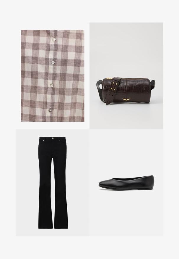 Chemise à boutons en motif tartan beige et marron, avec une texture de tissu léger, cinq boutons sur le devant et un col classique.; Jean évasé noir en denim, avec deux poches avant, une fermeture à bouton et une texture lisse. Couture signature visible aux coutures.; Paul Smith TOPANGA - Ballerines - black; Sac en cuir embossé crocodile marron avec une forme cylindrique, quincaillerie dorée et une bandoulière détachable ornée de clous.