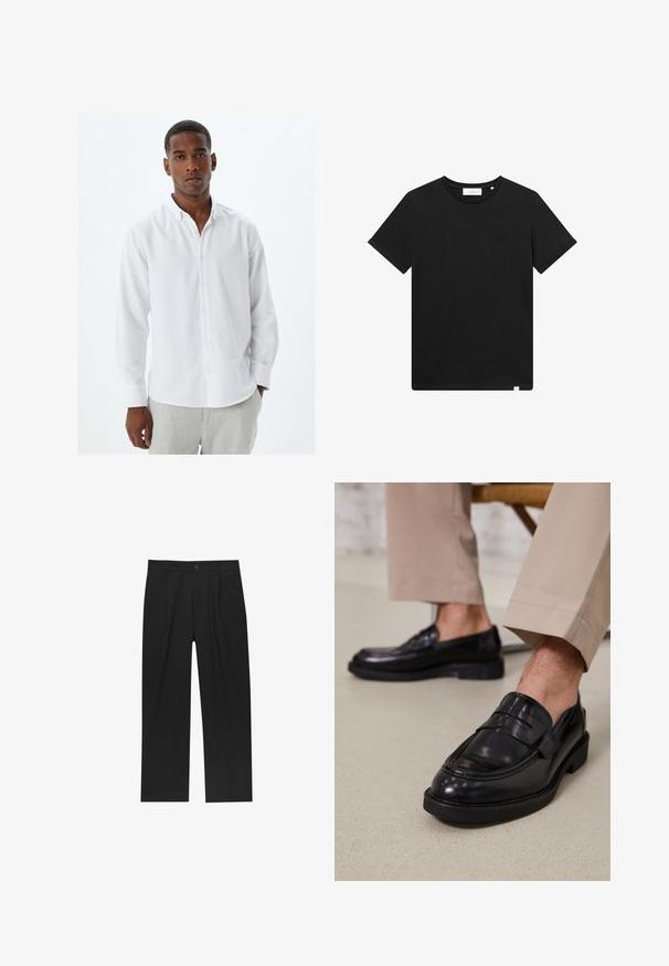 Weißes Langarm-Hemd mit Kragen und einer glatten Stoffstruktur, ausgestattet mit einer klassischen Knopfleiste. Getragen mit hellgrauen Hosen.; Schwarzes T-Shirt mit kurzen Ärmeln aus Baumwolle, mit Rundhalsausschnitt und einem kleinen, auf der Brust gestickten Logo. Glatte Textur, normale Passform.; Schwarze Hose mit geradem Schnitt, aus einem glatten Stoff gefertigt. Verfügt über Vorderfalten und einen einzelnen Knopfverschluss an der Taille.; Schwarze Lederloafers mit glatter Oberfläche, ausgestattet mit einem dekorativen Riemen und Kontrastnähten, kombiniert mit beigen Hosen.