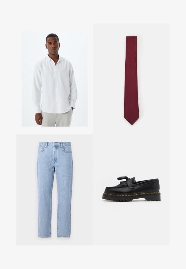 Camisa blanca de manga larga con botones y cuello, con una textura de tela suave y placket de botones tradicional. Lleva puestos unos pantalones gris claro.; Vaqueros de mezclilla de color azul claro con un diseño de pierna recta, cinco bolsillos y cierre de botones. Textura suave con un acabado clásico descolorido.; Mocasín de cuero negro con un acento de borlas, que presenta una suela gruesa negra y costuras amarillas a lo largo del borde. Acabado texturizado.; Corbata de seda burdeos, de forma estrecha y con una textura lisa. Presenta una punta afilada, un color uniforme y un acabado suave.