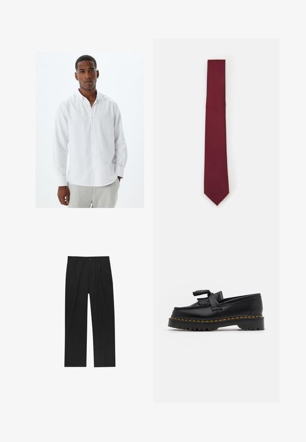 Witte lange mouwen blouse met een kraag, met een gladde stoftextuur en traditionele knoopsluiting. Draagt bij lichte grijze broek.; Zwarte broeken met een recht model, gemaakt van een gladde stof. Voorzien van een voorplooien en een enkele knoopsluiting bij de taille.; Zwarte leren loafers met een franjesaccent, voorzien van een dikke zwarte zool en gele stiksels langs de rand. Gevoelige afwerking.; Bordeaux zijden stropdas, smalle vorm met een stevige textuur. Heeft een puntige punt, consistente kleur en een gladde afwerking.