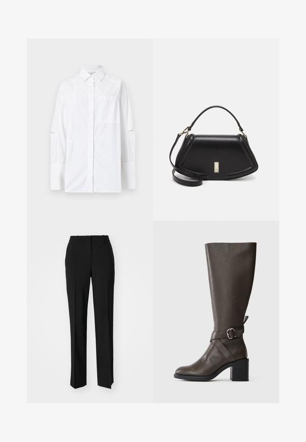 Bílá košile s dlouhými rukávy, funkčními výřezy, náprsní kapsou a strukturovaným límcem. Vyrobena z lehkého materiálu.; Černé kalhoty na míru se střihem do rovna, které mají hladkou texturu a ostré sklady na přední straně. Bez viditelného kování.; Tmavě hnědá kožená vysoká bota do kolen s středním blokovým podpatkem a ozdobným páskem se stříbrnou sponou kolem kotníku.; Černá kožená kabelka se strukturovaným designem, jejíž tvar je zkrácený, má horní rukojeť a zlaté kovové detaily. Součástí je i nastavitelný ramenní popruh.