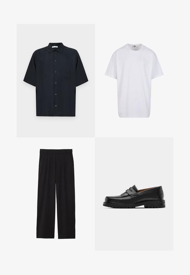 Kratek rokav, odprt srajca v črni barvi, z žepom, subtilno teksturo in sproščenim krojem s klasičnim ovratnikom.; Bela bombažna majica s kratkimi rokavi, okroglim izrezom, sproščenim krojem in brez vidnih logotipov ali vzorcev. Gladka tekstura in minimalen dizajn.; Črne široke hlače z nabranim sprednjim delom, stranskimi žepi in gladko teksturo tkanine. Oblikovane za sproščen kroj.; Črne usnjene loafersice imajo dvignjen šiv, dve dekorativni trakovi na zgornjem delu in debel strukturiran podplat za boljši oprijem.