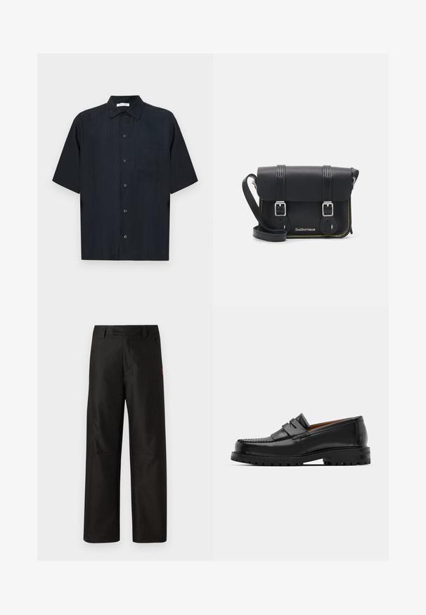 Camicia a maniche corte, con bottoni, di colore nero, dotata di taschino, texture sottile e vestibilità ampia con un classico design del colletto.; Pantaloni neri a gamba larga realizzati in tessuto morbido, con frontale piatto, passanti per cintura e due tasche laterali. Accento del logo rosso del marchio sul lato.; I mocassini in pelle nera presentano una cucitura sollevata, due fasce decorative sulla parte superiore e una suola spessa e texture per una maggiore aderenza.; Borsa a tracolla in pelle nera con patta, due fibbie argentate, cuciture gialle e tracolla regolabile. Presenta una texture liscia e un design compatto.