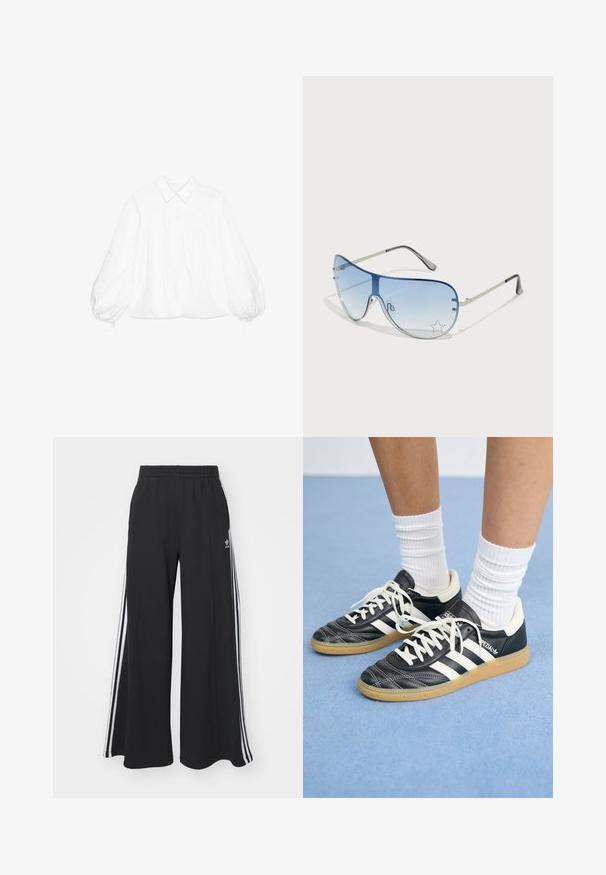 White cotton blouse with a buttoned front, a collar, and voluminous balloon sleeves. Features subtle textured detailing at the cuffs.; Black wide-leg sweatpants with an elastic waistband, featuring white side stripes and an embroidered logo on the left thigh.; Black leather sneakers with white stripes, round toe, white laces, and gum rubber sole. Accentuated by padded collar and branding details.; Aviator sunglasses featuring a gradient blue lens, silver metal frame, and decorative star accents on the lens. Smooth and sleek design.