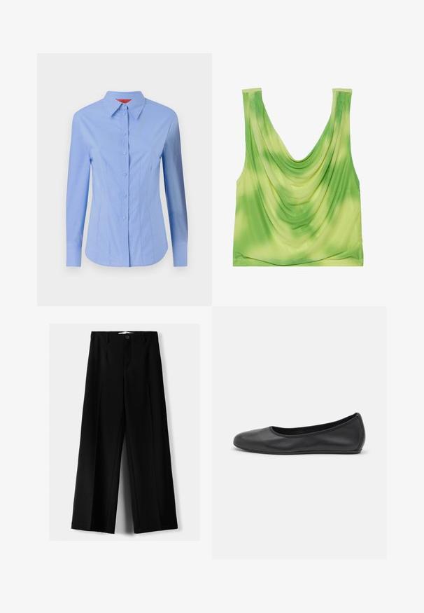 Long-sleeve, light blue shirt made of cotton. Features a button-up front, pointed collar, and tailored fit with vertical seams.; Green draped tank top with a curved neckline. Features a gradient pattern from light to dark green. Made of smooth, lightweight fabric.; Black wide-leg trousers made of lightweight fabric, featuring a front button closure and flat front, with neatly stitched hems.; Black leather ballet flat with a rounded toe, smooth texture, minimal stitching detail, and a flexible sole design.