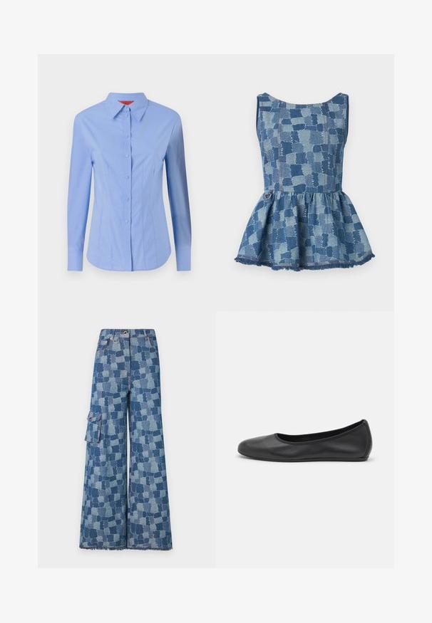 Long-sleeve, light blue shirt made of cotton. Features a button-up front, pointed collar, and tailored fit with vertical seams.; Denim peplum top in light and dark blue hues, with a checkered pattern and frayed hem. Features a round neckline and an accent ring detail.; Wide-leg jeans in blue denim featuring a large patchwork pattern, frayed hem, and side pocket with button detail.; Black leather ballet flat with a rounded toe, smooth texture, minimal stitching detail, and a flexible sole design.