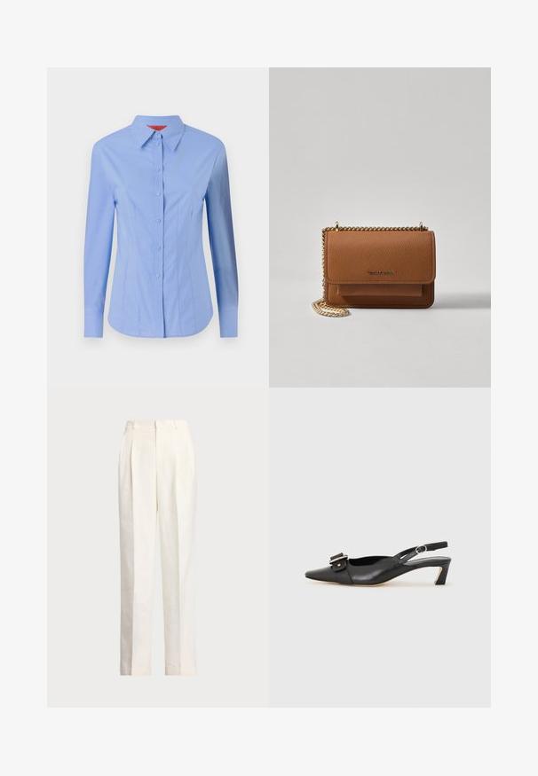 Cămașă cu mâneci lungi, de culoare albastră deschisă, fabricată din bumbac. Prezintă un guler ascuțit, închidere cu nasturi pe față și o croială ajustată cu cusături verticale.; Polo Ralph Lauren HEMP WIDE LEG PANT - Pantaloni - nevis; Pantofii negri din piele cu toc mic, vârf ascuțit și detaliu decorativ cu cataramă pe partea superioară. Textură netedă, design minimal.; Geantă crossbody din piele texturată maro, cu curea din lanț aurit și închidere cu clapetă. Partea din față prezintă detalii cu logo și o buzunar sub clapetă.