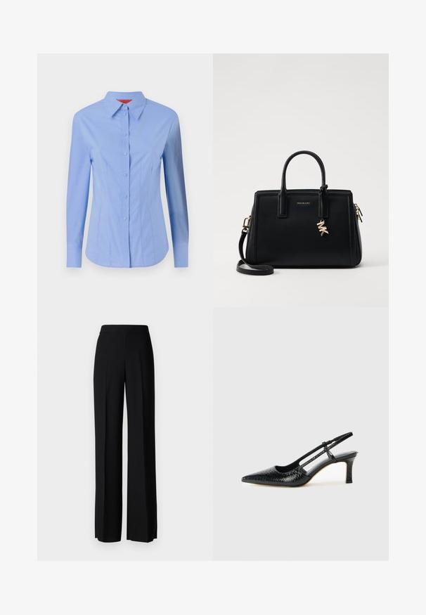 Langermet, lyseblå skjorte laget av bomull. Har knappestolpe foran, spiss krage og skreddersydd passform med vertikale sømmer.; Sorte vidde bukser med en glatt tekstur, med høy midje og sentrale folder. Ingen synlige mønstre eller maskinvaredetaljer.; Sorte patent slingback hæl med spids tå, featuring tekstureret slangeskind, justerbar rem og en kort, tekstureret blokhæl.; Svart skinnhåndveske med strukturert design, doble topphåndtak, avtakbar skulderrem, gullfarget hardware og en logo-detalj.