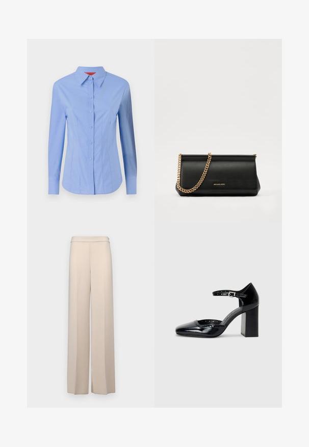 Gaiši zils krekls ar garām piedurknēm, izgatavots no kokvilnas. Tam ir pogājama priekšpuse, norādīta apkakle un pielāgota piegriezuma forma ar vertikālām šuvēm.; Beige platmalējošas bikses no gludas auduma, ar augstu jostasvietu un vieglām priekšējām krokām. Nav kabatu vai redzamu detaļu.; Melna lakota ādas augstpapēžu kurpes ar kvadrātu purngalu, potītes siksniņu un masīlu papēdi. Iekļauj perforētu apdari gar malu.; Melns ādas apliecības soma ar zelta ķēdes siksnu, ar gludu tekstūru, taisnstūra formu un izspiestu zīmolu uz priekšpuses.