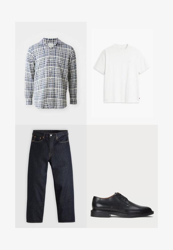 Blå og hvid ternet langærmet skjorte lavet af let materiale, med knaplukning foran og klassisk krave.; Hvid bomulds T-shirt med korte ærmer, rund hals og en diskret Levi's logo trykt i midten. Blød tekstur og standard pasform.; Mørkeblå denimjeans med lige pasform, fem lommer, kontrasterende orange syning og knaplukning. Ingen synlige mønstre eller udsmykninger.; Sorte læder dress sko med rund tå, snørelukning og en lav stablet hæl. Glat tekstur med minimale syningsdetaljer.