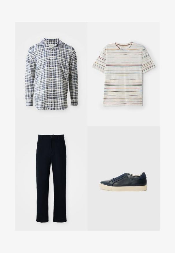 Langärmliges Hemd mit blau-weißem Karomuster aus leichtem Stoff, mit Knopfleiste vorne und klassischem Kragen.; T-Shirt mit kurzen Ärmeln, Cremegrund mit mehrfarbigen horizontalen Streifen. Weicher Stoff, Rundhalsausschnitt, gerade Schnittführung, minimalistisches Design.; Dunkelblaue Baumwollhosen mit geradem Bein, einem Frontknopfverschluss und einem klassischen Bund mit Gürtelschlaufen.; Dunkelblaues Leder-Sneaker mit cremefarbener Gummisohle, ausgestattet mit blauen Schnürsenkeln und einer glatten Textur. Abgerundete Zehenpartie und minimalistisches Design.