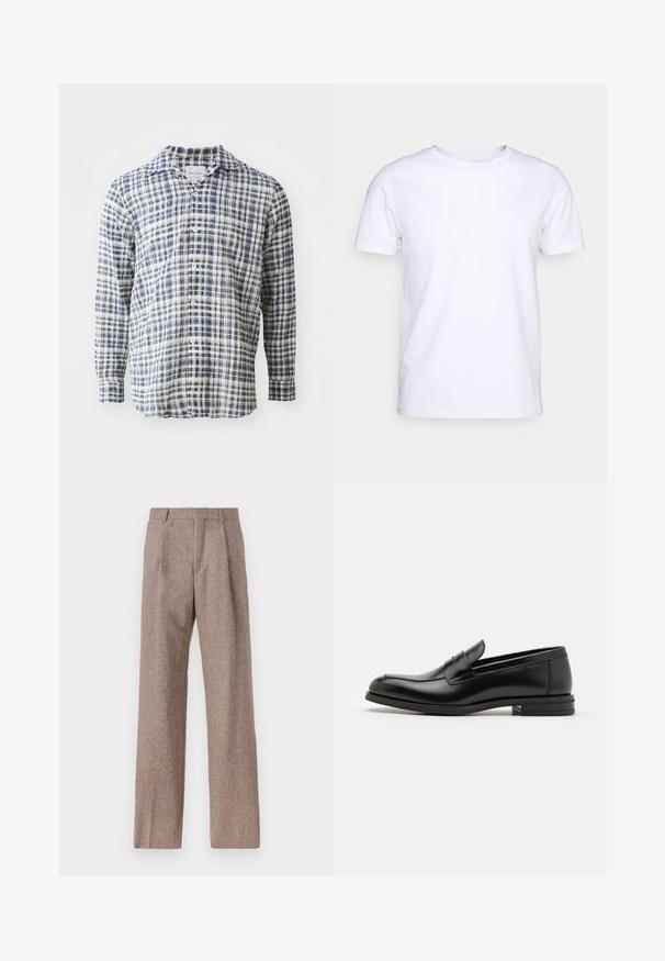 Camisa de mangas longas azul e branca com padrão xadrez, feita de tecido leve, apresentando um fecho de botões na frente e um colarinho clássico.; Camiseta branca de mangas curtas em tecido de algodão com decote redondo. Design simples, sem padrões ou detalhes. Textura suave.; Calças castanhas de cintura alta feitas de tecido texturado. Apresentam pernas largas e duas pregas frontais para estrutura. Acabamento cuidadoso sem hardware visível.; Mocassins de couro preto com uma textura suave, bico arredondado e uma faixa decorativa sobre o peito do pé. Salto baixo e empilhado, design minimalista.