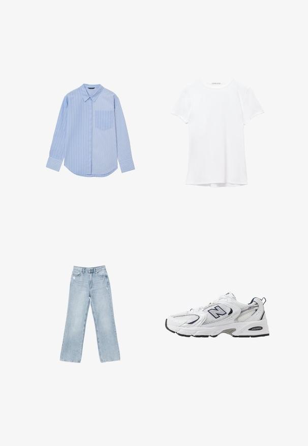 Hellesblaues Langarmhemd mit vertikalen weißen Streifen, einem spitzen Kragen und einer Brusttasche auf der linken Seite. Glatter Stoff.; Weißes T-Shirt mit kurzen Ärmeln aus glatter Stoffqualität, mit rundem Ausschnitt und dezenten Nähten am Saum.; Hellblaue Jeans aus Denim mit weiter Beinform, mit Used-Details, fünf Taschen und einem Reißverschluss.; Weißer Sportschuh mit Mesh-Obermaterial, navyblauen Akzenten und gepolsterter Sohle. Verfügt über das "N"-Logo, Schnürsenkel und eine strukturierte Detailverarbeitung an der Seite.