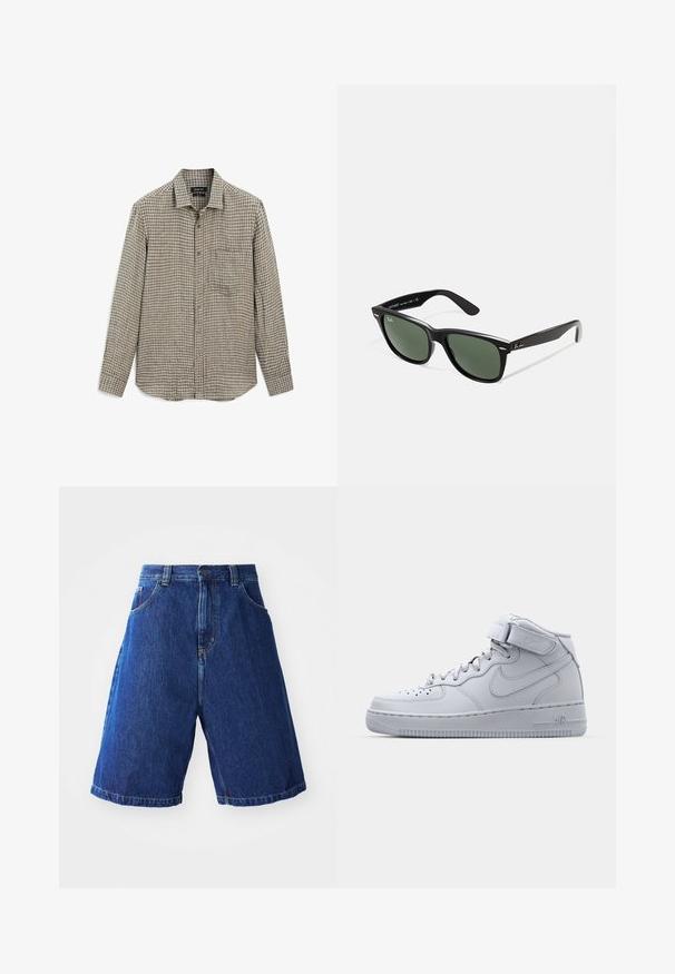 Camicia a maniche lunghe a scacchi in marrone e beige con sottili accenti blu. Presenta una chiusura frontale con bottoni e una tasca sul petto.; Shorts in denim con lavaggio blu, caratterizzati da un'alta vita, due tasche frontali e cuciture gialle lungo le cuciture.; Sneaker alte grigie Nike Air Force 1 con tomaia in pelle, colletto imbottito e cinturino in Velcro. Il design iconico presenta una punta perforata.; Occhiali da sole in plastica nera con lenti verdi, montatura quadrata, dettaglio argento sulla parte superiore e steli con texture. Marchio indicato sulla parte interna dello stelo.