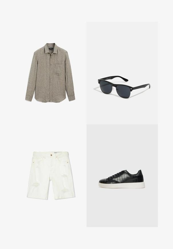 Langarm, geblokt overhemd in bruin en beige met subtiele blauwe accenten. Voorzien van een knoopsluiting aan de voorkant en één borstzak.; Witte denim shorts met een middenhoogte taille, verwerkte details, vijf zakken en koperen hardware. Gladde textuur met een casual pasvorm.; Zwarte sneakers met een gestructureerde leren bovenkant met krokodilpatroon, een ronde neus en een contrasterende witte rubberen zool met een gladde afwerking.; Zwarte zonnebril met een rechthoekige vorm, donkere lenzen, zilveren accenten bij de slapen en een matte afwerking op het montuur.