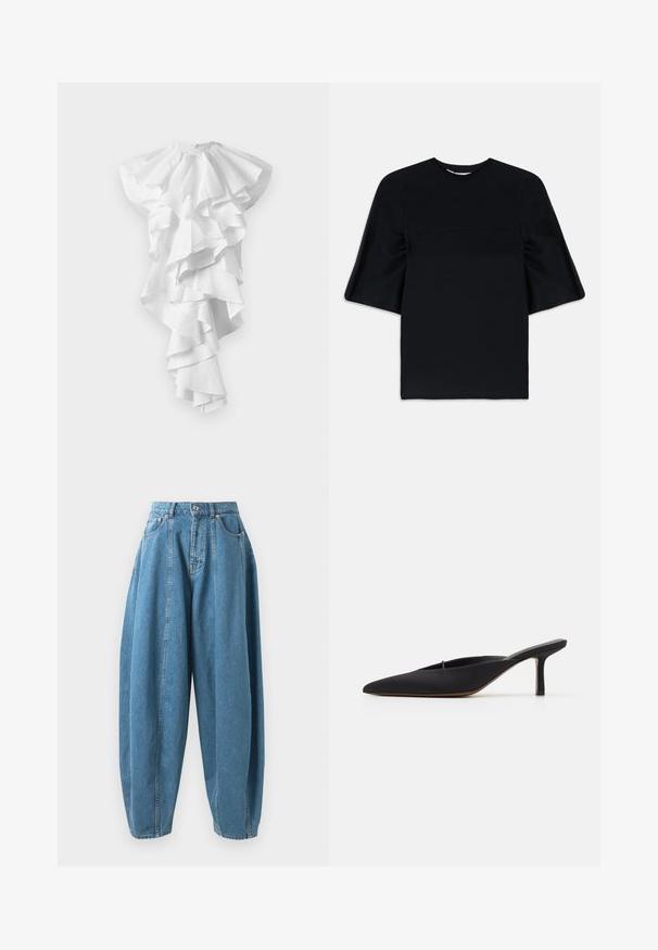 Witte asymmetrische jurk met meerdere gelaagde ruffles die naar beneden langs de voorkant vallen en aan de ene kant langer zijn, zonder zichtbare patronen.; Zwart kort mouwtop met brede, uitlopende mouwen en een ronde halslijn, weergegeven op een witte achtergrond.; Hoge taille, losvallende blauwe spijkerbroek met plooien, voorzakken, riemlussen en een knoop- en ritsluiting.; Zwarte muiltje met spitse neus en een strak ontwerp, gemaakt van gladde stof, met een slanke hak en open achterkant voor gemakkelijk aan- en uittrekken.