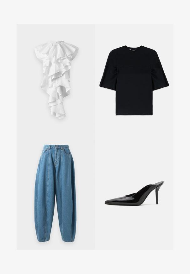 Vestito bianco asimmetrico con molteplici ruffles stratificati che scendono sul davanti e si allungano di più su un lato, senza motivi visibili.; Top nero a maniche corte con maniche ampie e svasate e scollatura rotonda, esposto su uno sfondo bianco.; Jeans in denim blu a vita alta, dalla vestibilità ampia, con pences, tasche frontali, passanti per cintura e chiusura con bottone e zip.; Mule in pelle patinata nera con tacco alto, punta affilata e silhouette elegante, dotato di apertura sul dietro e tacco a stiletto sottile.
