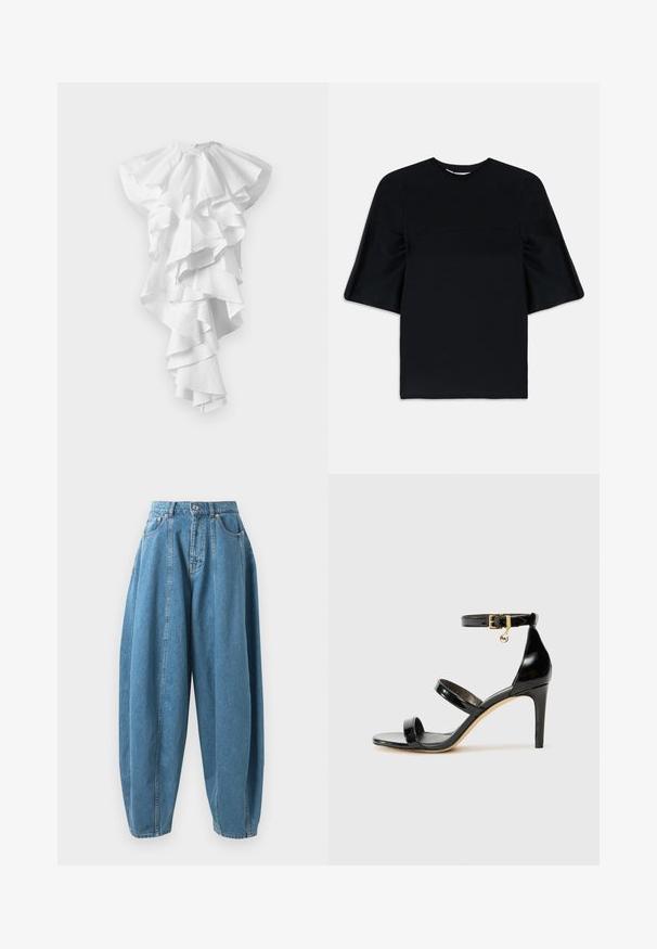 Robe asymétrique blanche avec plusieurs volants superposés cascadeant sur l'avant et s'étendant plus longuement d'un côté, sans motifs visibles.; Haut noir à manches courtes avec de larges manches évasées et un col rond, présenté sur un fond blanc.; Jeans en denim bleu taille haute, à coupe ample, avec des plis, des poches avant, des passants de ceinture et une fermeture à bouton et à fermeture éclair.; Sandale en cuir verni noir avec trois brides, boucle de cheville et talon aiguille de 10 cm. Présente un détail en métal doré et un charm logo.