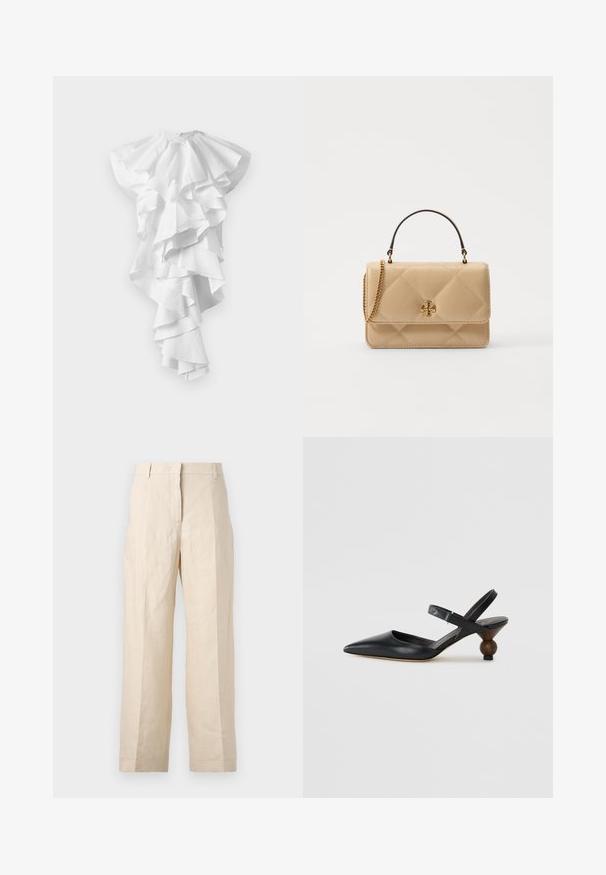 Hvid asymmetrisk kjole med flere lag af flæser, der kaskaderer ned ad fronten og strækker sig længere på den ene side, uden synlige mønstre.; Beige linnedragt med løs pasform, plisseret front og lige ben. Har en talje med bæltestropper og ingen synlige lommer.; Sort læderslyngesko med spidse tæer, buet design og en rund træ-lignende hæl. Har en smal ankelrem.; Quilted beige læder håndtaske med guldfarvet hardware, kædestropp og et håndtag. Har en frontklap og signaturlogo detaljer.