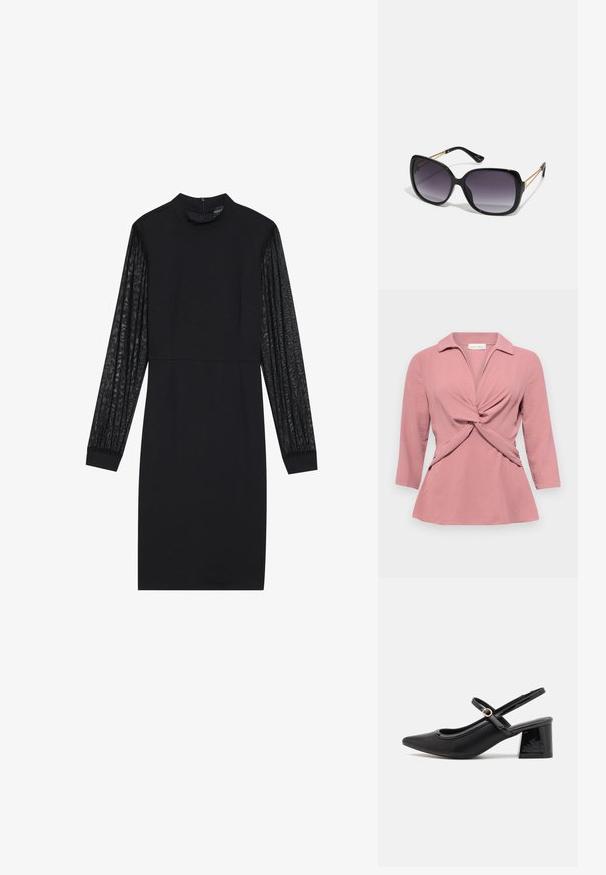 Roza bluzica s ovratnikom, s uvijenim detaljem sprijeda i rukavima do tri četvrtine. Izrađena od teksturirane, lagane tkanine.; Crna haljina sa uskim korzetom i dugim prozirnim teksturiranim rukavima. Ima visoki izrez i jednostavan, usputan siluet.; Crne lakirane slingback visoke potpetice s šiljastim vrhom, zaobljenim izrezom i blok potpeticom. Sadrži akcent zlatnog tona s kopčom.; Crne prevelike sunčane naočale s gradijentnim lećama, debelim okvirom i zlatnim lancem kao detaljem na krakovima.; Crna torba od sintetičkog materijala, s jednostavnim pravokutnim dizajnom, zlatnim kvadratnim detaljima i dvostrukim ručkama.