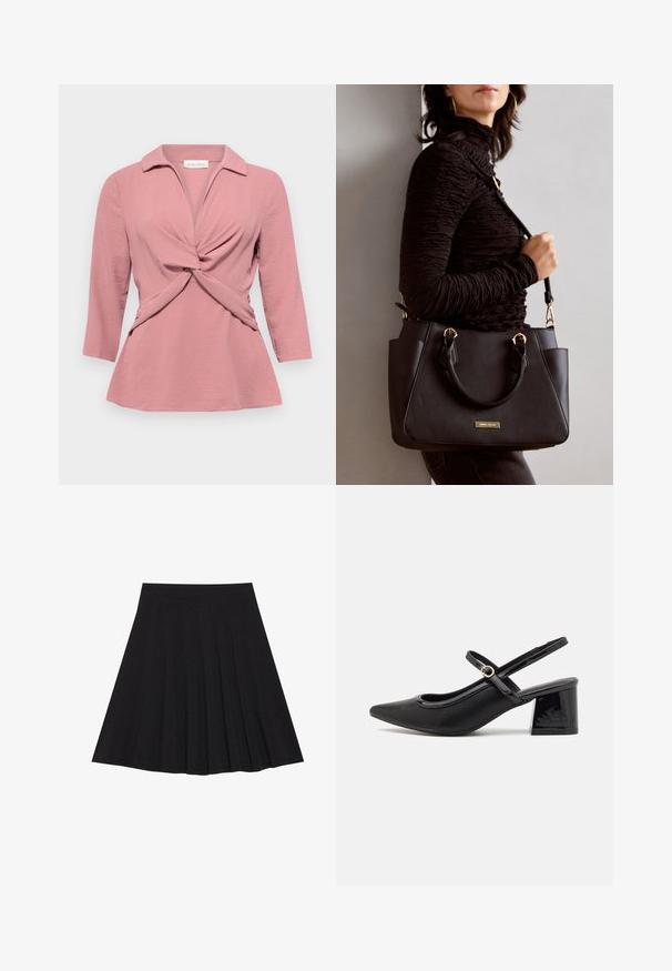 Rosa Bluse mit Kragen, verdrehtem Vorderteil und dreiviertellangen Ärmeln. Aus einem strukturierten, leichten Stoff gefertigt.; Schwarzer, plissierter Rock aus strukturiertem Stoff mit einem taillierten Bund. Fällt knielang und hat eine glatte, klare Silhouette.; Schwarze Lackleder-Slingback-Absätze mit spitzer Zehenform, einem runden Ausschnitt-Design und einem Blockabsatz. Mit einem goldfarbenen Schnallenakzent.; Schwarze Handtasche mit strukturierten Oberflächen, doppelten Obergriffen und verstellbarem Schultergurt. Mit goldfarbener Hardware und Seitentaschen.