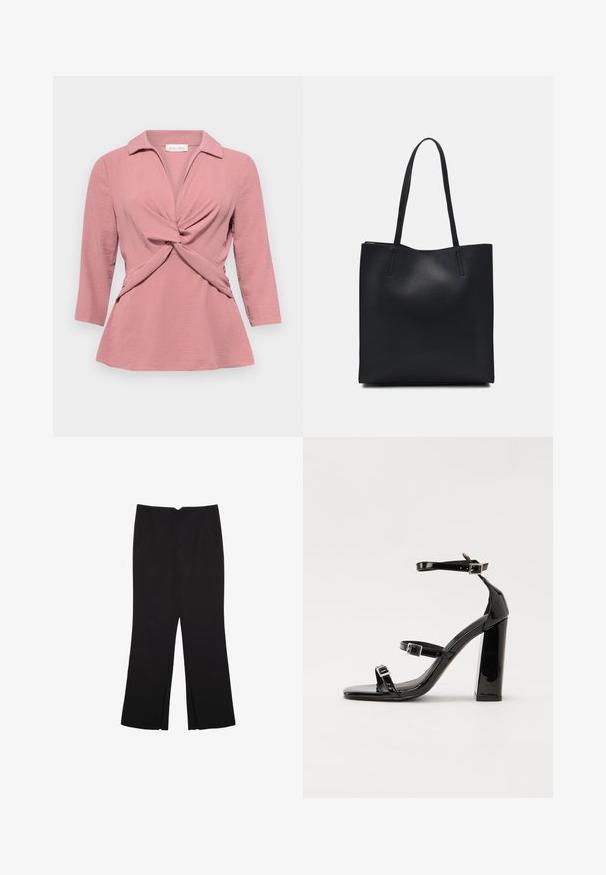 Blusa rosa con collo a camicia, dettaglio frontale attorcigliato e maniche a tre quarti. Realizzata in un tessuto leggero e testurizzato.; Pantaloni neri a gamba dritta, con tasche frontali e spacchi laterali all'orlo. Realizzati in tessuto morbido e liscio. Adatti a diverse occasioni.; Sandali con tacco in vernice nera, con punta squadrata, cinturini alla caviglia e fibbie in argento. Presentano un tacco a blocco spesso per maggiore stabilità.; Borsa tote in pelle nera con texture liscia, forma rettangolare e due manici lunghi. Nessun hardware o decorazione visibile.