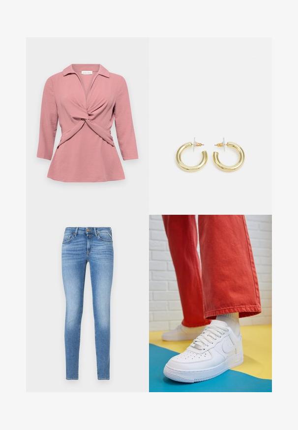 Pink blouse with a collared neckline, twisted front detail, and three-quarter sleeves. Made of a textured, lightweight fabric.; Slim-fit light blue denim jeans with mid-rise waist, front button, and five-pocket design.; White leather sneaker with perforated toe box, textured sole, and white laces, paired with wide red pants and a blue and yellow background.; Gold hoop earrings with a smooth, shiny finish. Circular design featuring a small post and clear backing for secure wear.