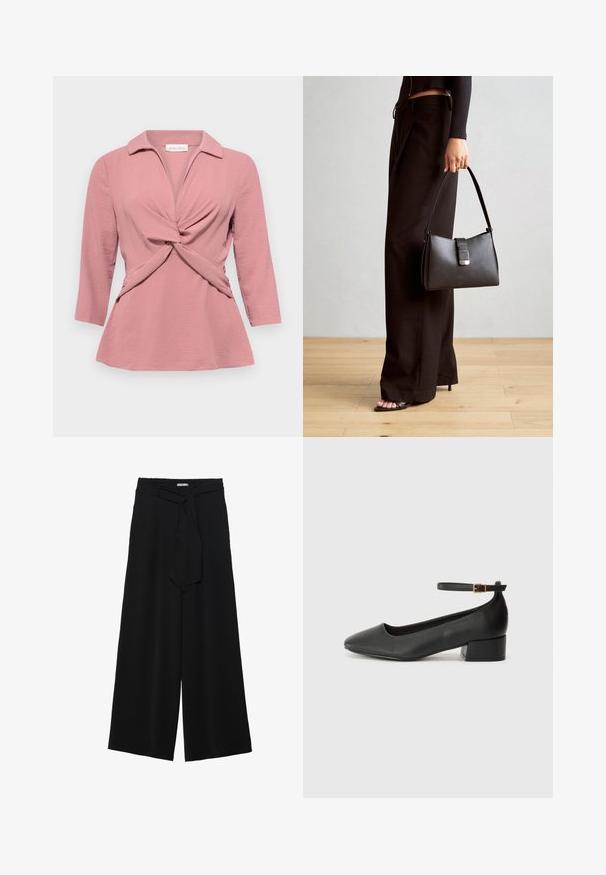 Rózsaszín blúz, galléros nyakkivágással, csavart elülső részlettel és háromnegyedes ujjal. Texturált, könnyű anyagból készült.; Fekete, bő szárú nadrág, texturált anyagból, rugalmas derékpánttal és levehető sállal a derekán, amely állítható illeszkedést biztosít.; Fekete bőr magassarkú cipő hegyes orral és alacsony tömb sarkal. Bokapánttal rendelkezik, aranyszínű csattal. Simább textúra.; Fekete kézi táska strukturált formával, sima textúrával és fémből készült záródással. Széles fekete nadrággal és nyitott orrú szandállal párosítva, fából készült padlón.