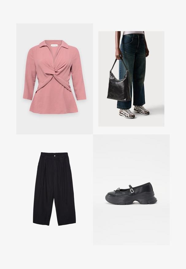 Blouse rose avec un col, détail de devant torsadé et manches trois-quarts. Fabriquée dans un tissu léger et texturé.; Pantalon culotte noir en polyester avec une taille élastique, deux plis avant et une silhouette ample. Pas de motifs visibles ni de détails matériels.; Chaussure Mary Jane en cuir noir avec un bout rond, un détail en nœud et une sangle de cheville ajustable. Elle possède une semelle en caoutchouc épaisse avec des accents arrondis.; Sac à bandoulière en cuir noir avec une texture lisse et une bandoulière réglable, associé à un jean ample décoloré et des baskets de sport.