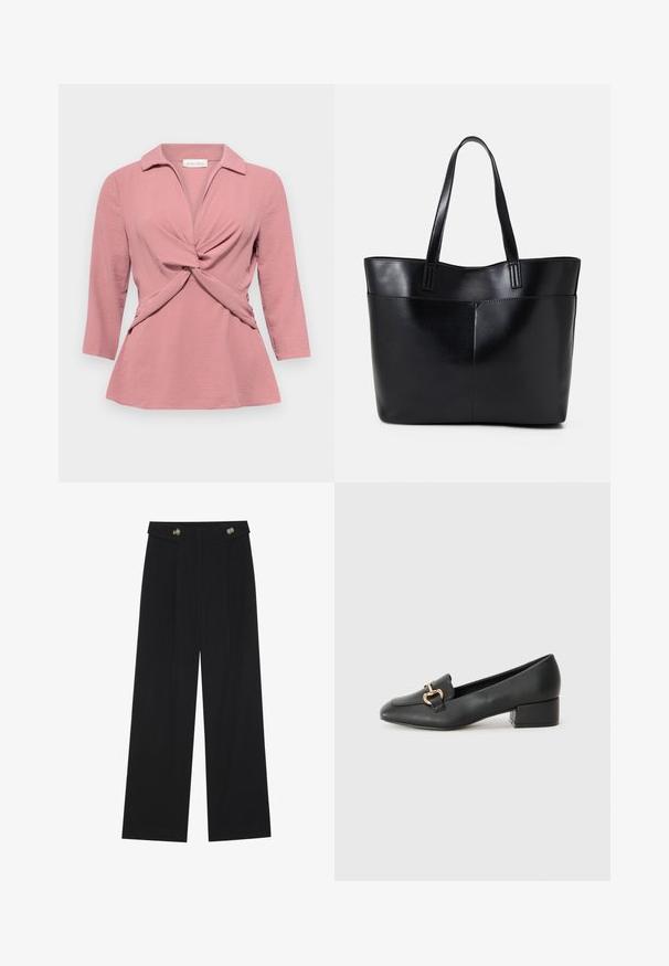 Różowa bluzka z kołnierzykiem, skręconym przodem i rękawami do łokcia. Wykonana z teksturowanej, lekkiej tkaniny.; Czarne szerokie spodnie z wysokim stanem, z detalami w postaci guzików na pasku oraz plisami z przodu.; Czarne skórzane loafersy z płaskim obcasem, z ozdobnym złotym detalem z przodu i gładką fakturą.; Czarna skórzana torba na ramię z dwoma długimi uchwytami, gładką teksturą i sztywną formą. Posiada przednią kieszeń dla dodatkowego przechowywania.