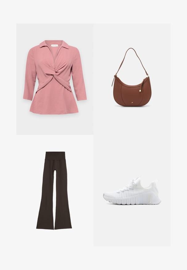 Ružová blúzka s golierom, skrúteným predným detailom a trojštvrťovými rukávmi. Vyrobená z textúrovanej, ľahkej látky.; Tmavohnedé rozšírené legíny so širokým, rebrovaným pásom. Vyrobené z mäkkého, pružného materiálu, s bežným dizajnom a bez viditeľného kovania.; Biele športové topánky s textúrovaným vrchom, plochým šnurovaním a výraznou gumovou podrážkou s vertikálnymi drážkami. Na boku sa nachádza logo.; Hnedá umelá kožená taška cez rameno s zakriveným tvarom, minimalistickým šitím a zlatými akcentami. Obsahuje zips na vrchu a nastaviteľný popruh.