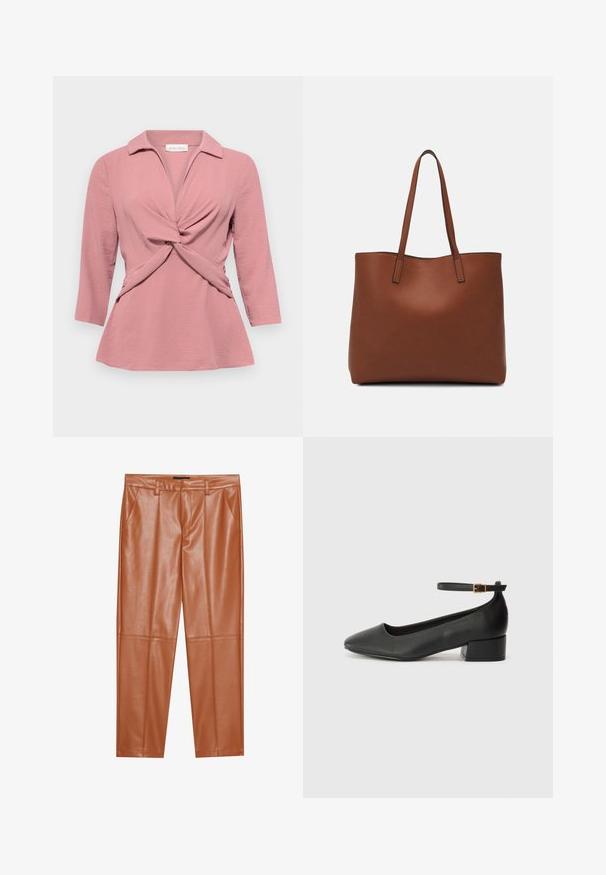 Rozā blūze ar apkakles izgriezumu, savītu priekšpusi un trīs ceturtdaļu piedurknēm. Izgatavota no teksturēta, viegla auduma.; Brūnas mākslīgās ādas bikses ar pielāgotu piegriezumu, kurām ir priekšējās krokas un taisnas kājas. Gluda tekstūra bez redzamiem detaļām vai akcentiem.; Melnas ādas sūkņi ar smailu purngalu un zemu bloku papēdi. Iezīmēts ar potītes siksniņu ar zelta krāsas sprādzi. Gluda tekstūra.; Brūna ādas iepirkumu soma ar gludu tekstūru, atvērta augšdaļa un divas plecu siksnas. Izceļas ar minimālām šuvēm un redzamu aparatūru nav.